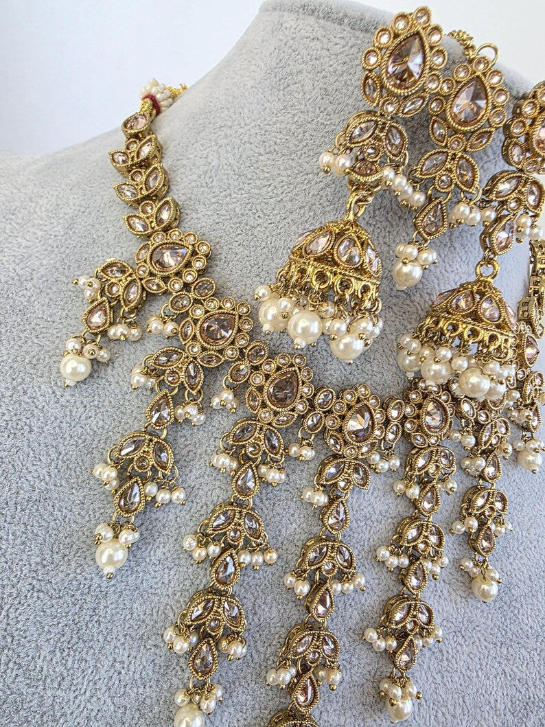 White Pearl Antique Polki Kundan Pearl Necklace with earrings and tikka, bridal necklace, Indian Pakistani Wedding Jewelry