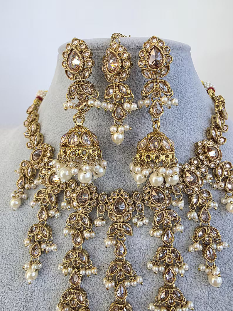 White Pearl Antique Polki Kundan Pearl Necklace with earrings and tikka, bridal necklace, Indian Pakistani Wedding Jewelry