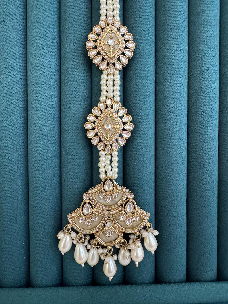 Antique Dull Gold MOP Kundan Choti /Braid Choti /Indian Bridal Choti/Kundan Hair accessories/Indian Wedding/Bridal Kundan Hair accessories