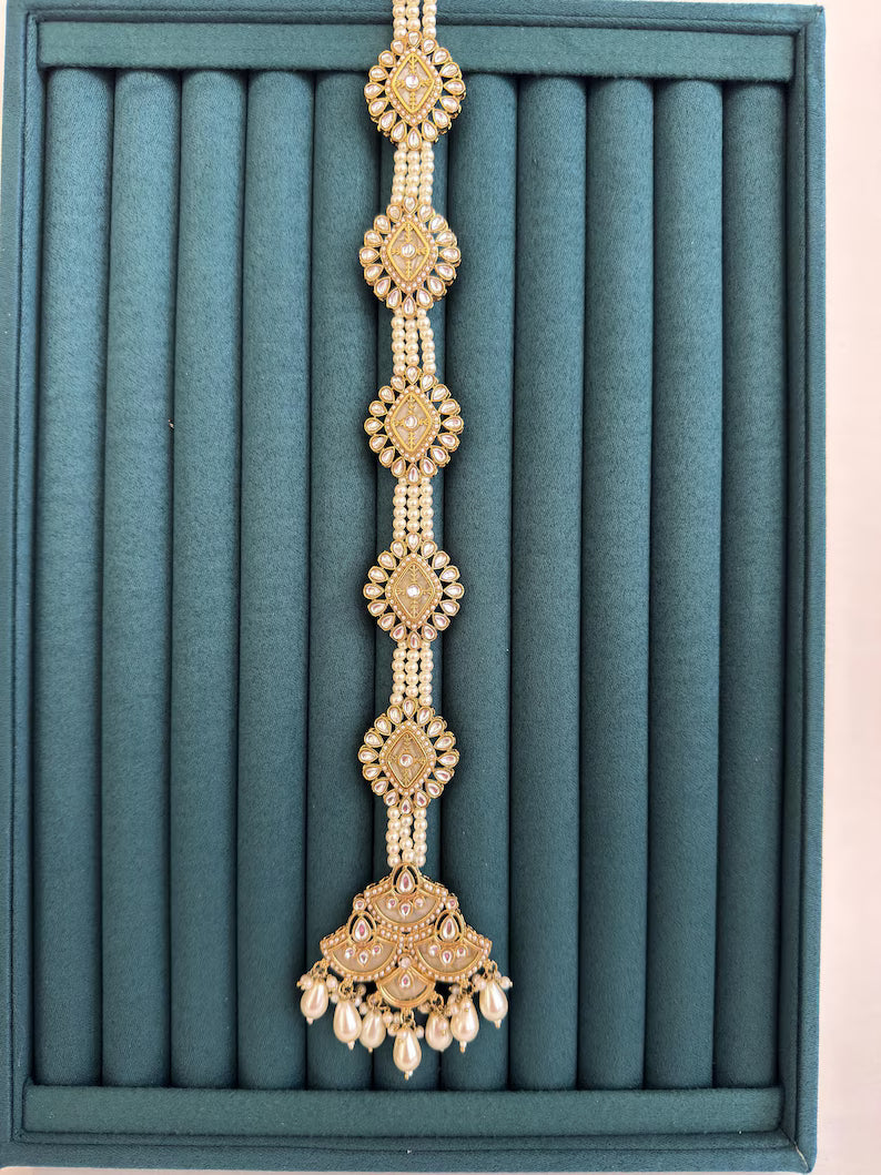 Antique Dull Gold MOP Kundan Choti /Braid Choti /Indian Bridal Choti/Kundan Hair accessories/Indian Wedding/Bridal Kundan Hair accessories