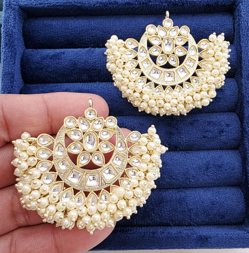 Bollywood oversized Pearl Kundan Stud Earrings, Indian Earrings, Pakistani Jewelry, Indian wedding