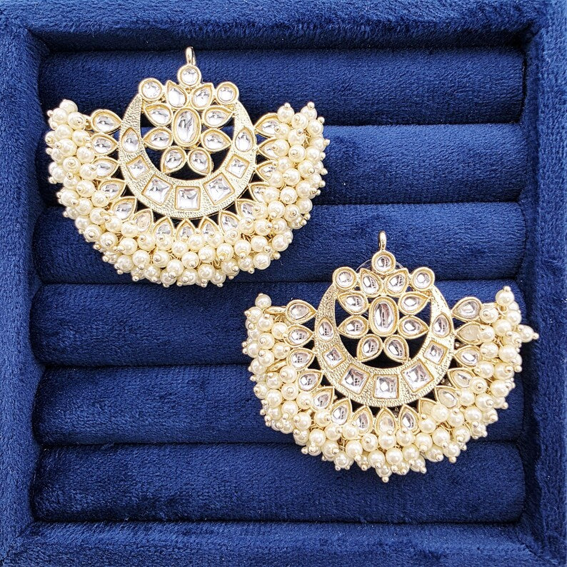 Bollywood oversized Pearl Kundan Stud Earrings, Indian Earrings, Pakistani Jewelry, Indian wedding