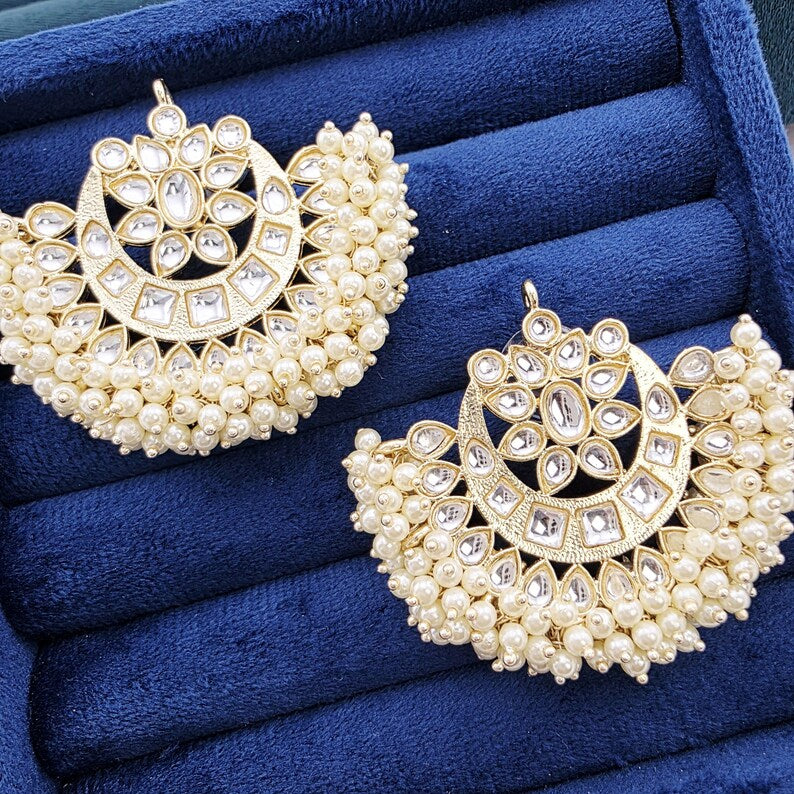 Bollywood oversized Pearl Kundan Stud Earrings, Indian Earrings, Pakistani Jewelry, Indian wedding