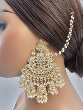 Oversized dull gold Antique finish Bollywood Kundan Earring with sahare /Indian/Punjabi/Pakistani/Statement/Long chandelier/bridal/wedding