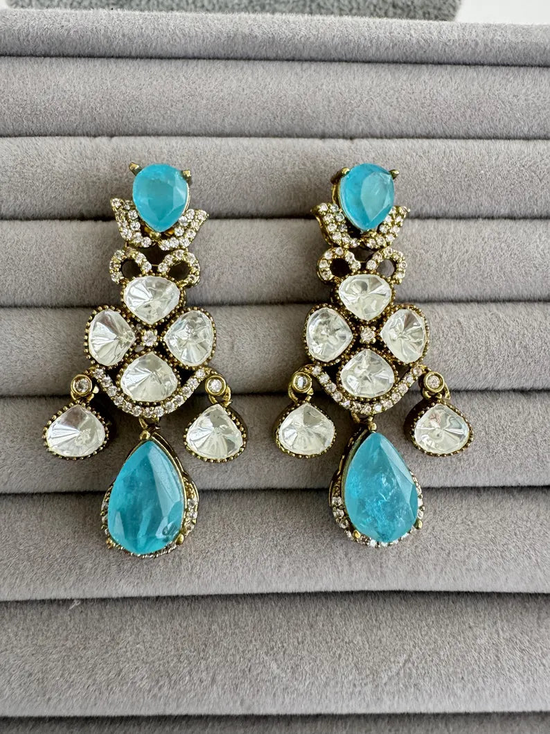 Blue Doublet Moissanite Kundan Sabhyasachi Sattement Earrings/Indian Jewelry/Pakistani Jewelry/Bollywood Jewelry/Statement earrings/Gift