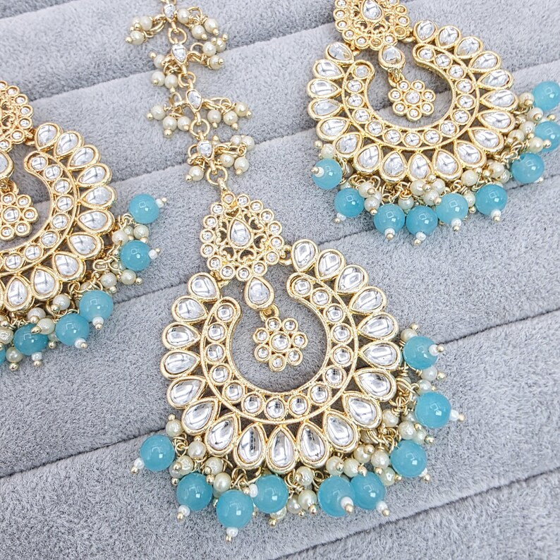 Aqua Blue Kundan Tikka w/ Earring Set- Indian Bridal Maang Tikka, Teeka, Tika Headpiece - Handmade Pearl Jewelry For Women - Bridesmaid Gift