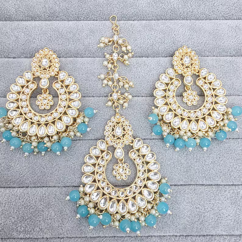 Aqua Blue Kundan Tikka w/ Earring Set- Indian Bridal Maang Tikka, Teeka, Tika Headpiece - Handmade Pearl Jewelry For Women - Bridesmaid Gift