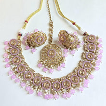 Lavender Antique Polki Kundan Pearl Necklace with earrings and tikka, bridal necklace, Indian Pakistani Wedding Jewelry