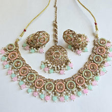 MintPink Antique Polki Kundan Pearl Necklace with earrings and tikka, bridal necklace, Indian Punjabi Pakistani Wedding Jewelry