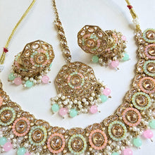 MintPink Antique Polki Kundan Pearl Necklace with earrings and tikka, bridal necklace, Indian Punjabi Pakistani Wedding Jewelry