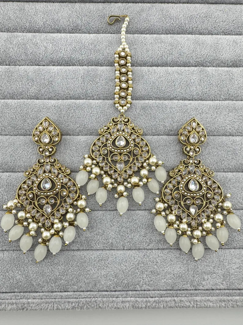 White Antique polki Kundan Tikka w/Earring Set Indian Bridal Maang Tikka Teeka Tika Headpiece Handmade Pearl Jewelry, Bridesmaid Gifts