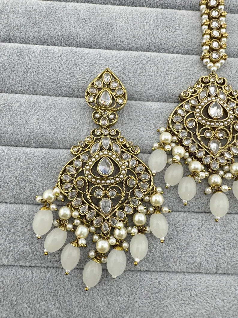 White Antique polki Kundan Tikka w/Earring Set Indian Bridal Maang Tikka Teeka Tika Headpiece Handmade Pearl Jewelry, Bridesmaid Gifts