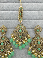Mint Green Antique polki Kundan Tikka w/Earring Set Indian Bridal Maang Tikka Teeka Tika Headpiece Handmade Pearl Jewelry, Bridesmaid Gifts