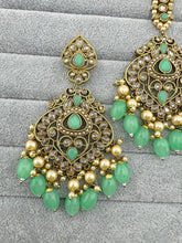 Mint Green Antique polki Kundan Tikka w/Earring Set Indian Bridal Maang Tikka Teeka Tika Headpiece Handmade Pearl Jewelry, Bridesmaid Gifts
