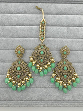 Mint Green Antique polki Kundan Tikka w/Earring Set Indian Bridal Maang Tikka Teeka Tika Headpiece Handmade Pearl Jewelry, Bridesmaid Gifts