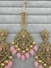 Pink Antique polki Kundan Tikka w/Earring Set Indian Bridal Maang Tikka Teeka Tika Headpiece Handmade Pearl Jewelry, Bridesmaid Gifts