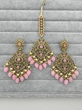 Pink Antique polki Kundan Tikka w/Earring Set Indian Bridal Maang Tikka Teeka Tika Headpiece Handmade Pearl Jewelry, Bridesmaid Gifts