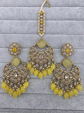 YELLOW Antique polki Kundan Tikka w/Earring Set Indian Bridal Maang Tikka Teeka Tika Headpiece Handmade Pearl Jewelry, Bridesmaid Gifts