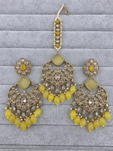 YELLOW Antique polki Kundan Tikka w/Earring Set Indian Bridal Maang Tikka Teeka Tika Headpiece Handmade Pearl Jewelry, Bridesmaid Gifts