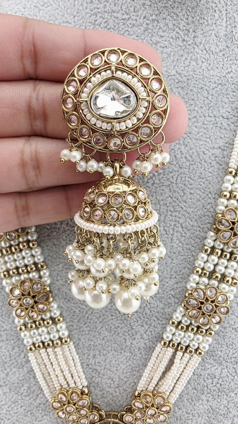 White Antique Polki Reverse AD Kundan long necklace/Kundan long Necklace/Indian Long Necklace/Pearl Polki mala set/Indian jewelry/bridal