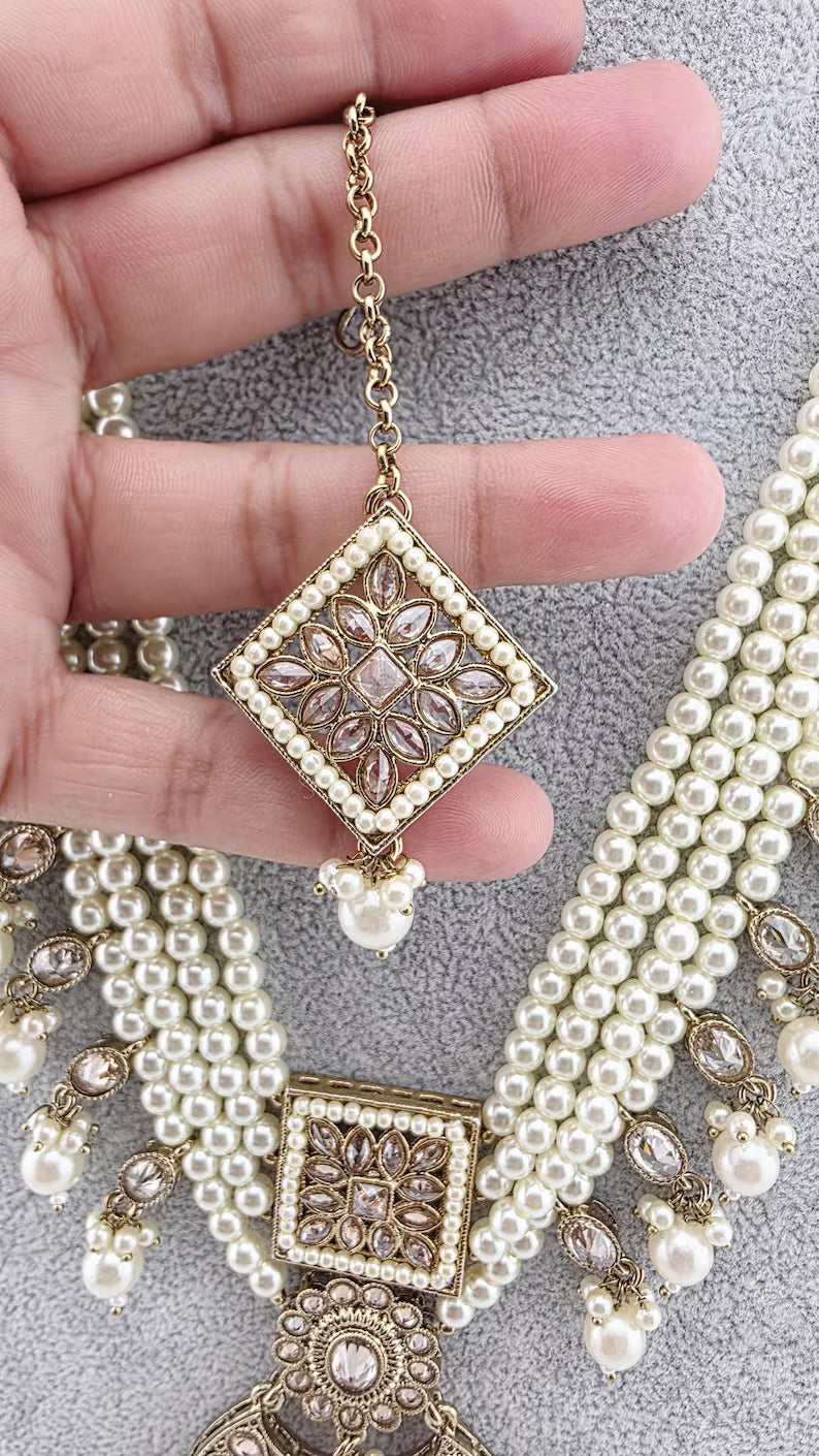 White Pearl Antique Polki Necklace/Indian Long Necklace/Pakistani Jewelry/Necklace Mala/Indian Punjabi Jewelry/Indian Wedding/Rani Haar