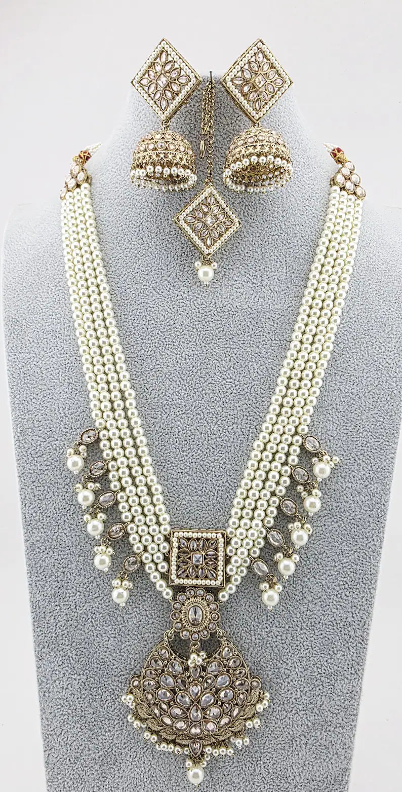 White Pearl Antique Polki Necklace/Indian Long Necklace/Pakistani Jewelry/Necklace Mala/Indian Punjabi Jewelry/Indian Wedding/Rani Haar