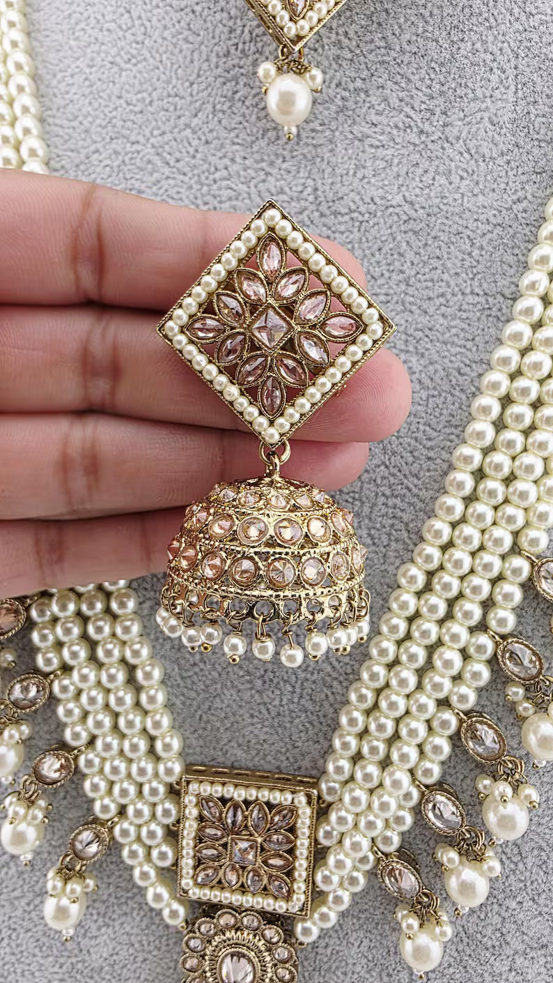 White Pearl Antique Polki Necklace/Indian Long Necklace/Pakistani Jewelry/Necklace Mala/Indian Punjabi Jewelry/Indian Wedding/Rani Haar