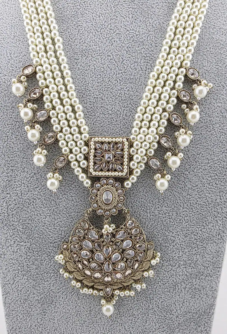 White Pearl Antique Polki Necklace/Indian Long Necklace/Pakistani Jewelry/Necklace Mala/Indian Punjabi Jewelry/Indian Wedding/Rani Haar