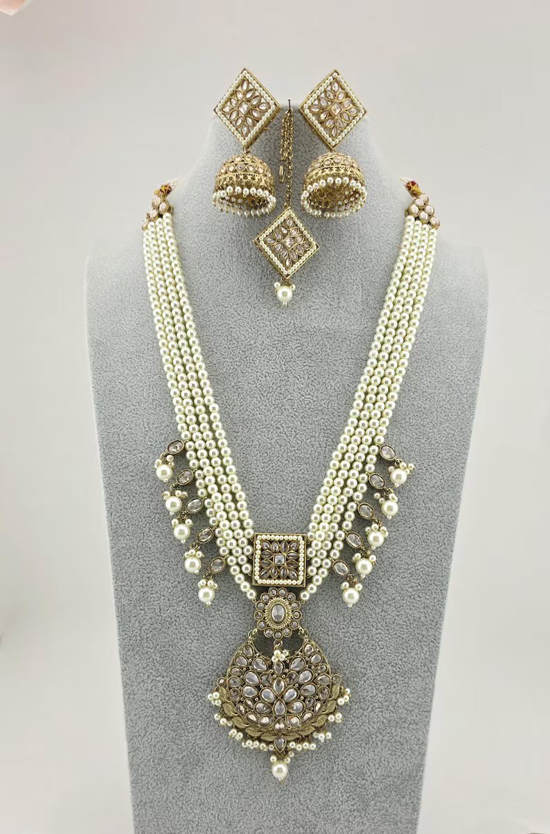 White Pearl Antique Polki Necklace/Indian Long Necklace/Pakistani Jewelry/Necklace Mala/Indian Punjabi Jewelry/Indian Wedding/Rani Haar