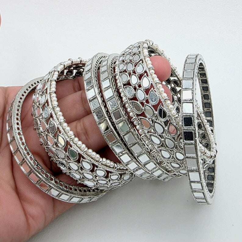 Bollywood Silver Mirror Pearl Bangles Set/Punjabi Mirror chuda bangles set/Bridal bangles/Statement bangles/Indian Wedding /Chuda Set 6pcs