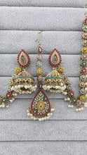 Navratan Antique polki Kundan bahubali Earrings Set with kaan chain, Sahara Indian Bridal Handmade Pearl Jewelry, Bollywood Bridesmaid Gifts