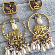 Purple Amrapali-inspired Long Gold Heritage Elephant Chandbali Indian Earrings, Antique Chand Earring With Gold Plating, Fusion earrings