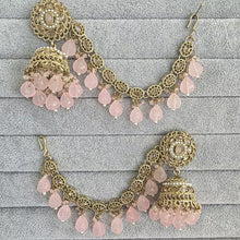 Pink Polki Pearl bahubali jhumka, Kundan jhumnka, bahubali earrings, Pearl jewelry for wedding, indian pakistani jewelry