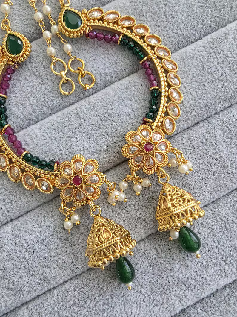 Ruby Green gold plated polki Earcuff Earrings with Pearl sahara/Earcuff Jhumkas/Traditional ethnic earring/Trendy earring/Statement earrings