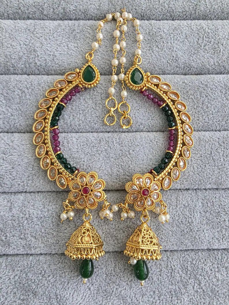 Ruby Green gold plated polki Earcuff Earrings with Pearl sahara/Earcuff Jhumkas/Traditional ethnic earring/Trendy earring/Statement earrings