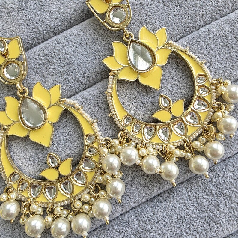 Yellow Kundan Chandbali Earrings Indian Earrings pearl Earring Pakistani Earrings Statement Earrings Long chandelier Indian wedding