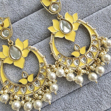 Yellow Kundan Chandbali Earrings Indian Earrings pearl Earring Pakistani Earrings Statement Earrings Long chandelier Indian wedding