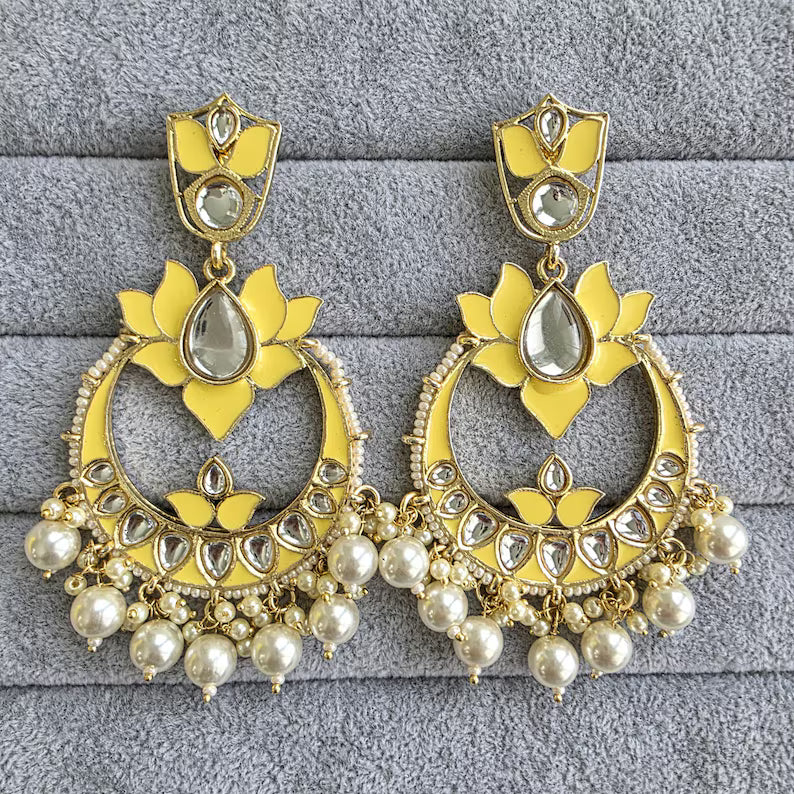 Yellow Kundan Chandbali Earrings Indian Earrings pearl Earring Pakistani Earrings Statement Earrings Long chandelier Indian wedding