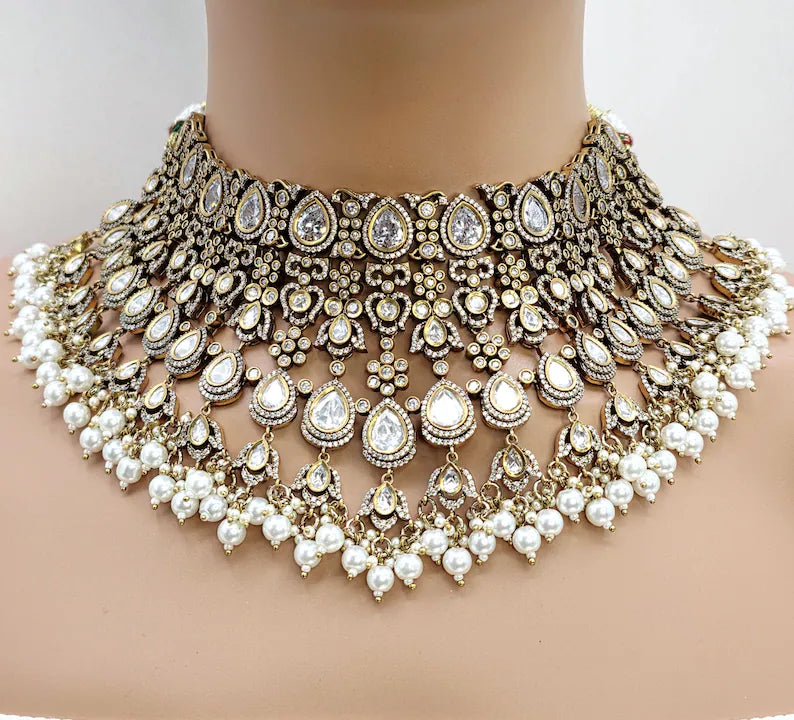 White Bridal Mossinate Polki Victorian Necklace, Sabyasachi Necklace, Wedding necklace, Semi Precious Jewelry, Bollywood Celebrity Necklace