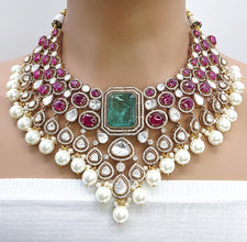Ruby Bridal Mossinate Polki Victorian Necklace, Sabyasachi Necklace, Wedding necklace, Semi Precious Jewelry, Bollywood Celebrity Necklace