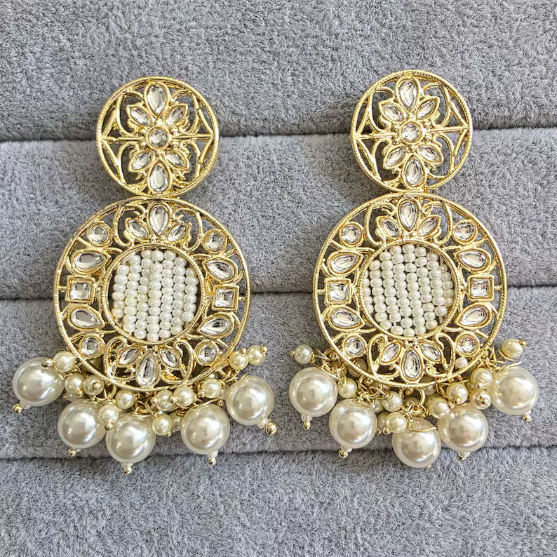 White Kundan Pearl Earrings/Indian Earrings/pearl Earring/Pakistani Earring/Statement Earring/Long chandelier/bridal earrings/Length 65 mm