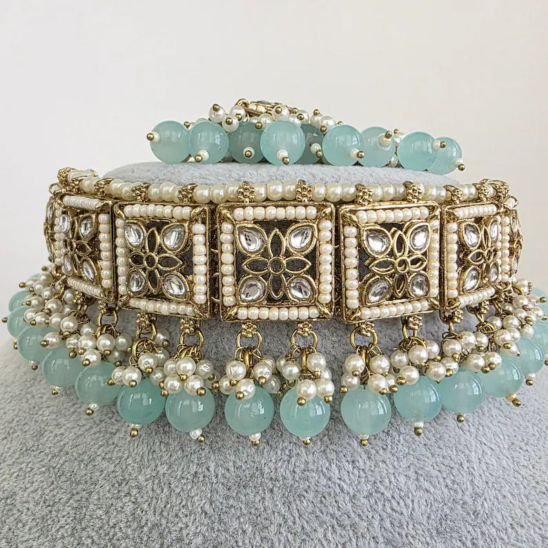 Aqua Blue Kundan Necklace Set/ Kundan Choker/ Bollywood Jewelry/ Indian jewelry/ Pakistani necklace/ punjabi/bridal necklace/indian wedding