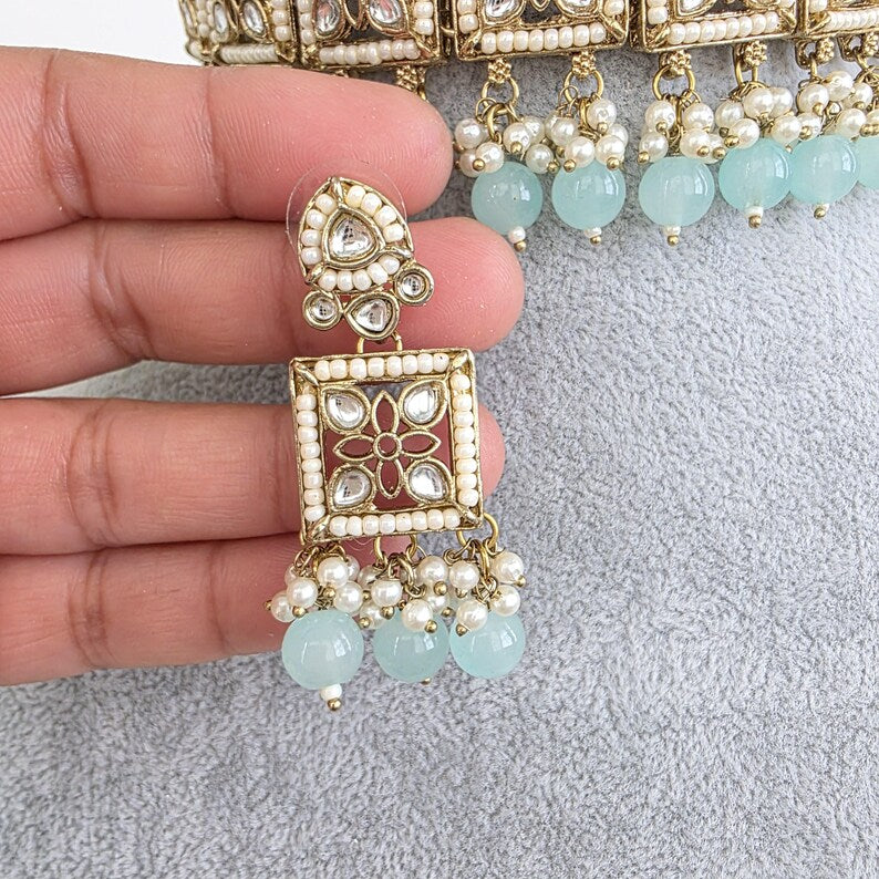 Aqua Blue Kundan Necklace Set/ Kundan Choker/ Bollywood Jewelry/ Indian jewelry/ Pakistani necklace/ punjabi/bridal necklace/indian wedding