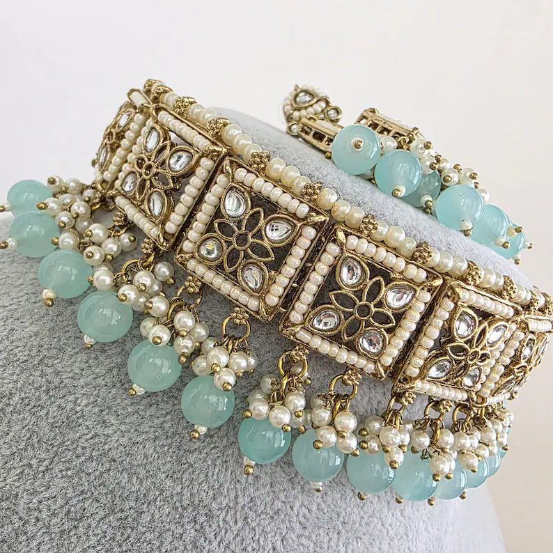 Aqua Blue Kundan Necklace Set/ Kundan Choker/ Bollywood Jewelry/ Indian jewelry/ Pakistani necklace/ punjabi/bridal necklace/indian wedding