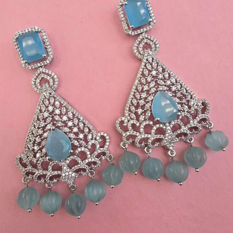 Aqua Blue American Diamond earrings/Indian Jewelry/Pakistani Jewelry/Bollywood Jewelry/CZ earrings/AD earring/Statement earring/Gift for her