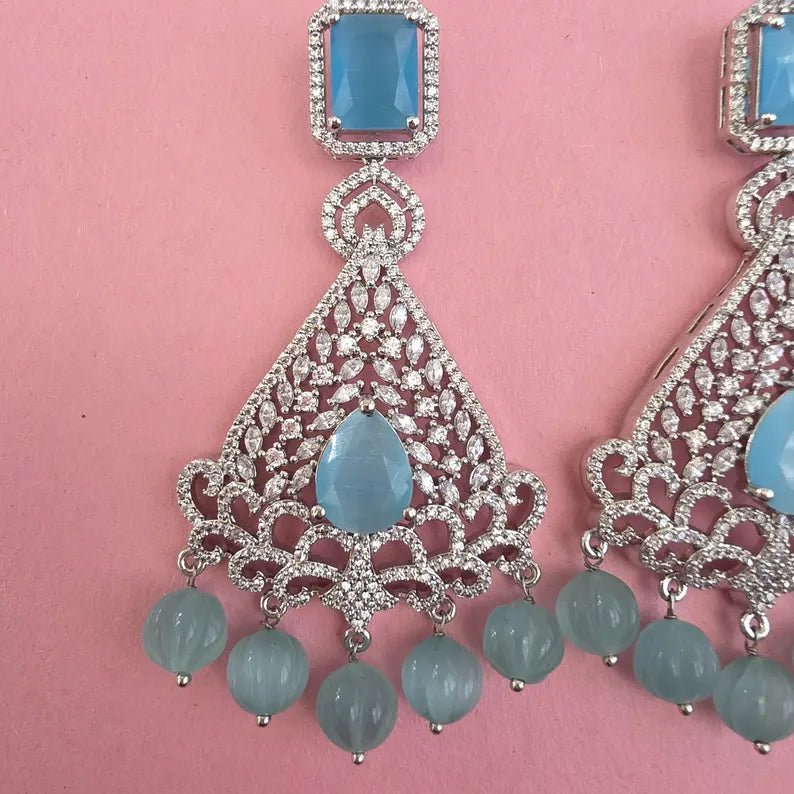 Aqua Blue American Diamond earrings/Indian Jewelry/Pakistani Jewelry/Bollywood Jewelry/CZ earrings/AD earring/Statement earring/Gift for her