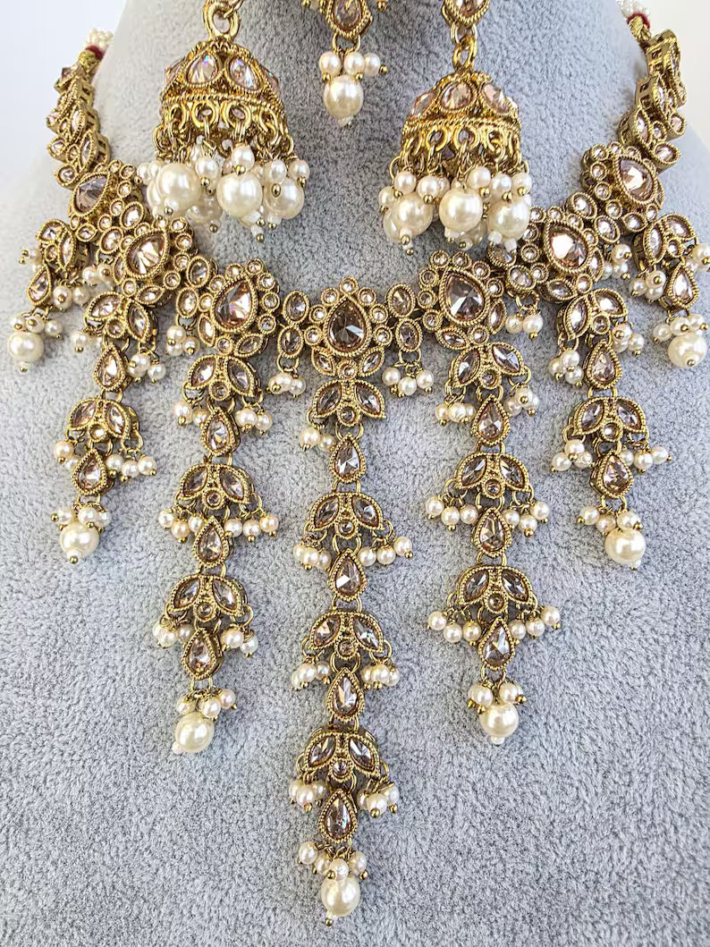 White Pearl Antique Polki Kundan Pearl Necklace with earrings and tikka, bridal necklace, Indian Pakistani Wedding Jewelry