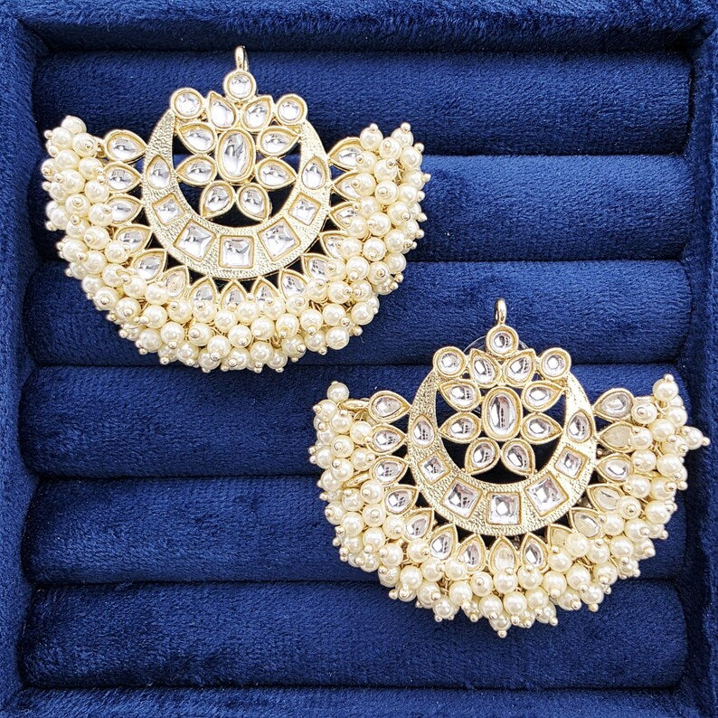 Bollywood oversized Pearl Kundan Stud Earrings, Indian Earrings, Pakistani Jewelry, Indian wedding