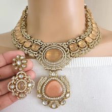 Peach Victorian Moissanite polki Cz diamond Necklace, Indian Bridal Jewelry, Bollywood Sabyasachi Designer necklace, Pakistani Wedding