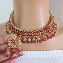 Ruby Gold Thushi Necklace, Kolhapuri Thushi Jewelry, indian wedding necklace, bridal jewelry, south Indian necklace